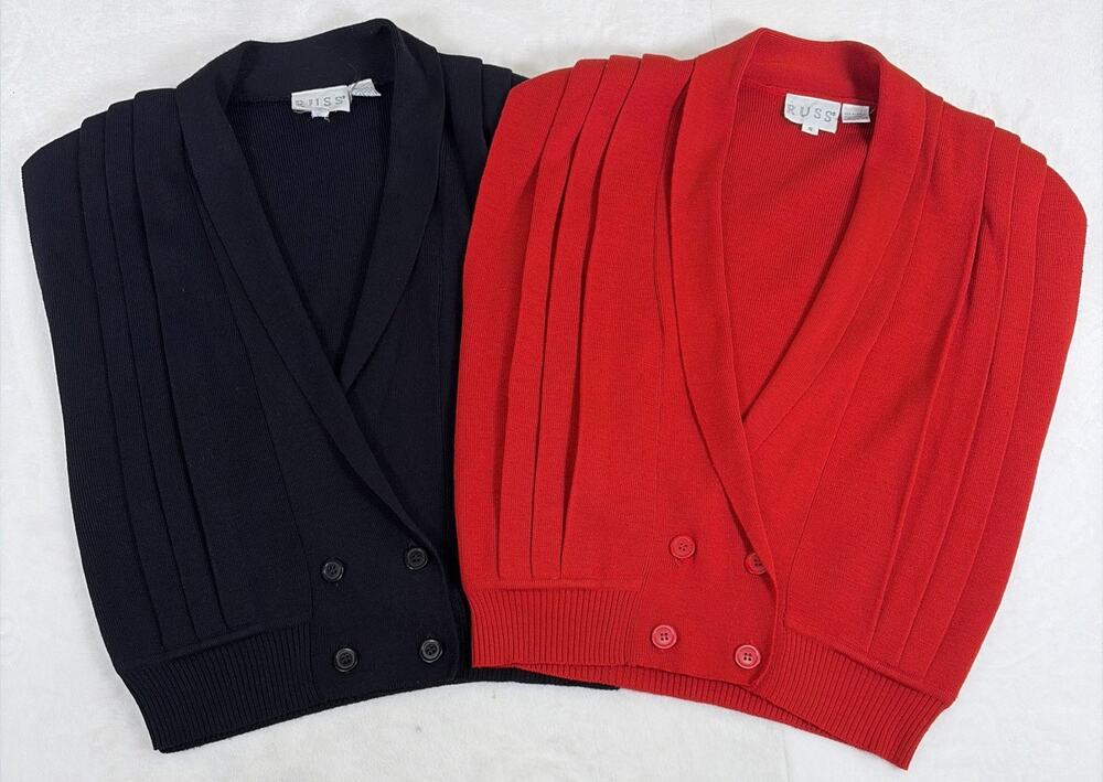 2)Vintage RUSS Women's Sz Small Red & Black Wool Blend Pleated Vests Button Up